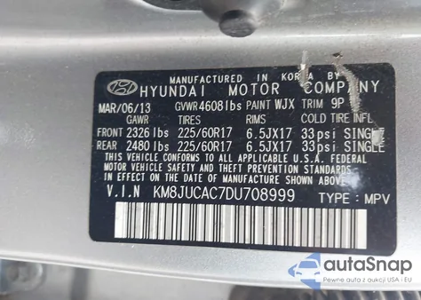 2013 Hyundai Tucson Gls из США, поврежденный, VIN KM8JUCAC7DU708999
